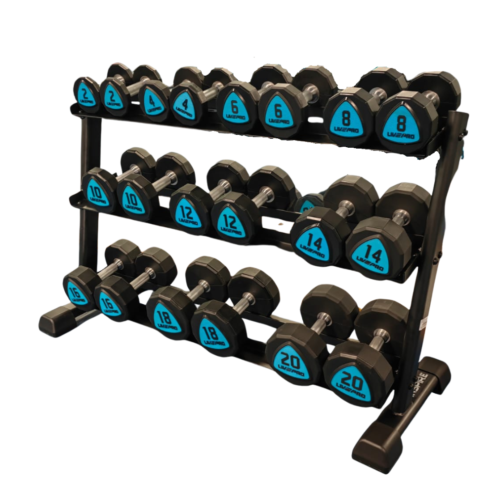 220Kg Urethane 12-Sided Dumbbells Set With 10 Pair 3-Tier Rack (2kg to 20kg)