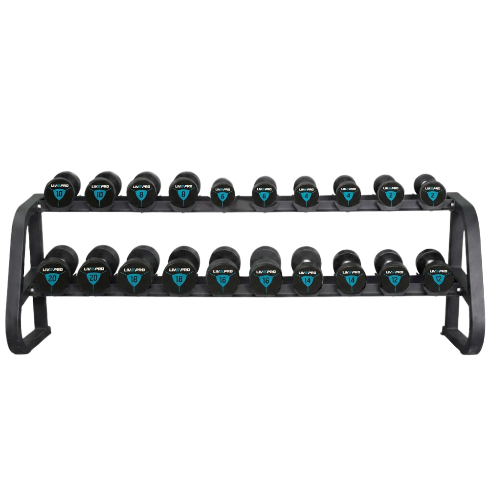 220kg Urethane Round Dumbbells Set with 2-Tier Rack (2kg to 20kg)