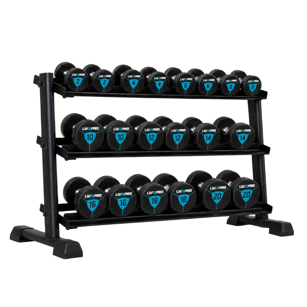 220kg Urethane Round Dumbbells Set with 3-Tier Rack (2kg to 20kg)