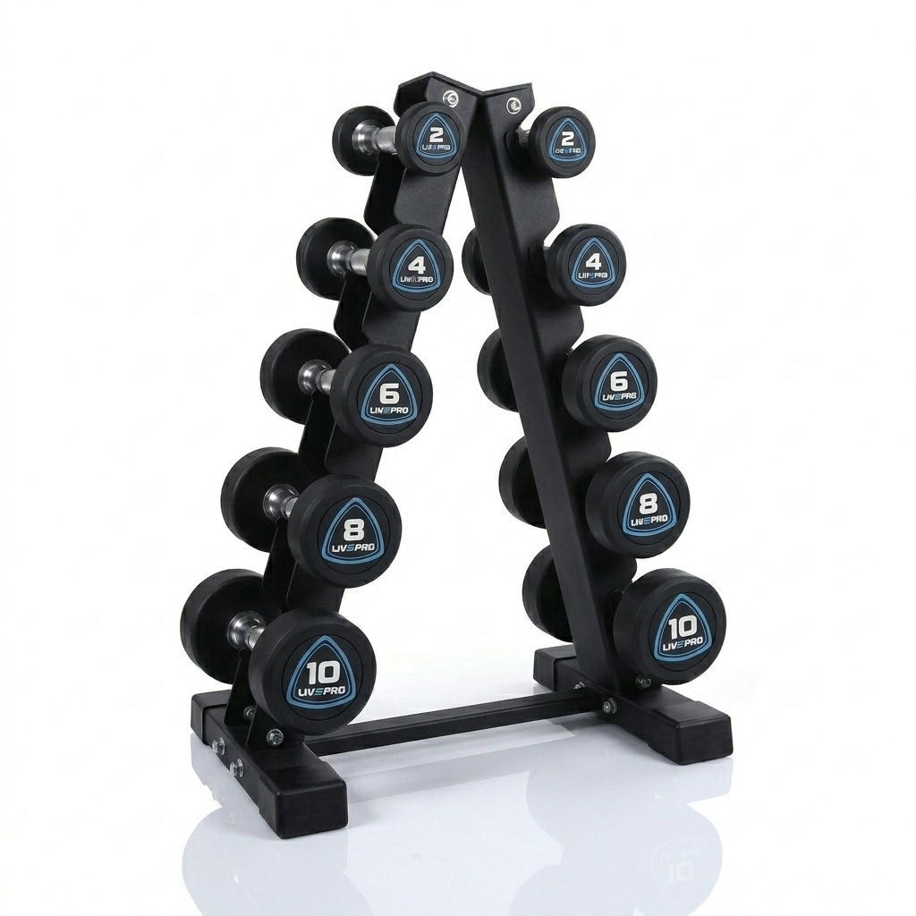 60kg Urethane Round Dumbbells Set with 5 Pairs A-Frame Rack (2kg to 10kg)