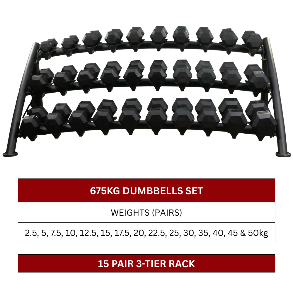 675kg Hex Dumbbell Set with 15 Pairs 3-Tier Rack (LP8903) (2.5kg to 50kg)