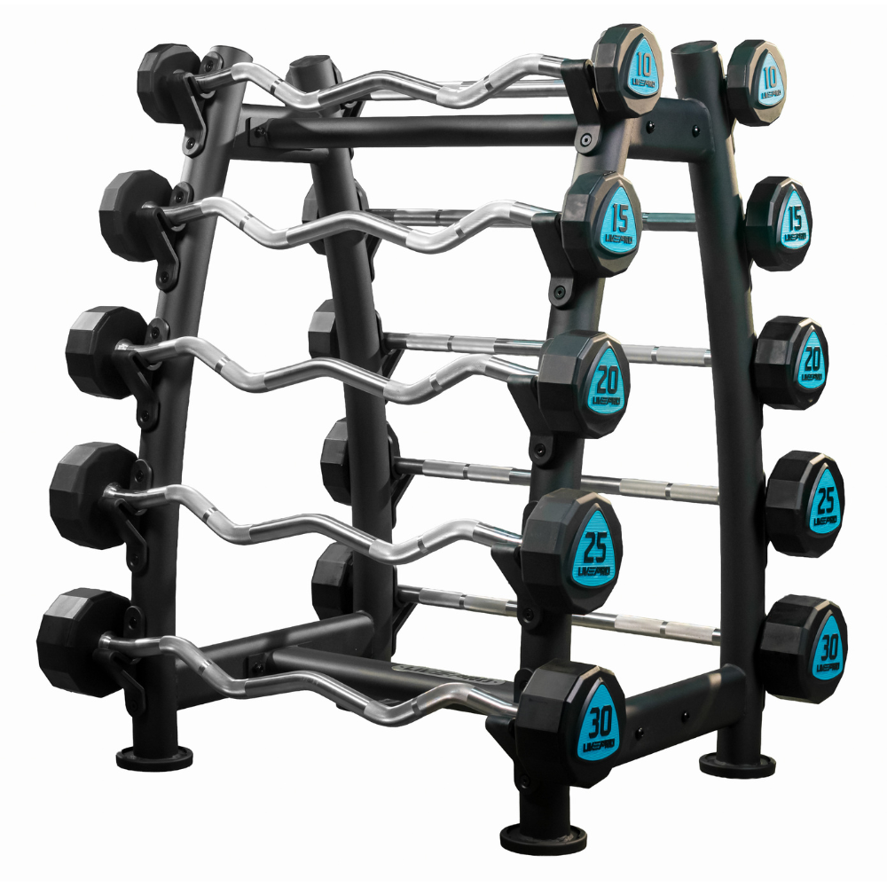 Premium Urethane 12-Sided Fixed Straight & EZ Curl Barbell Set with Rack