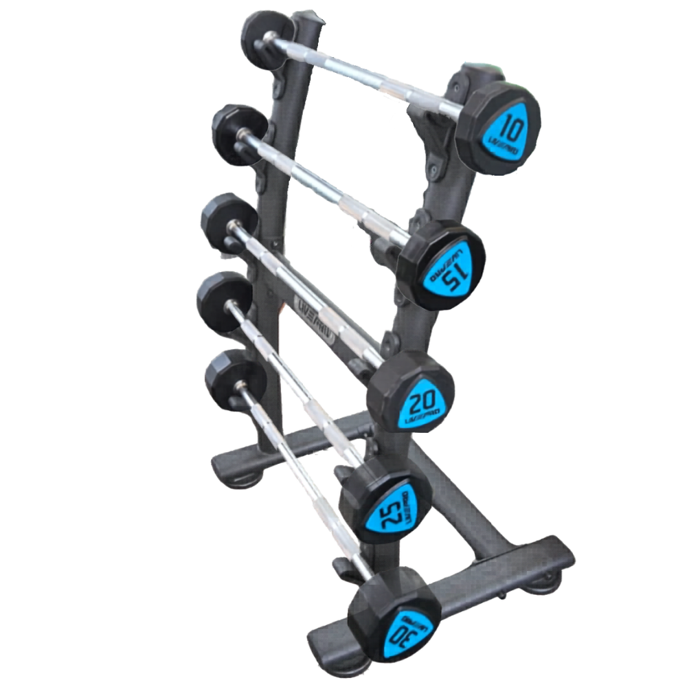 Premium Urethane 12-Sided Fixed Straight Barbell Set with Rack