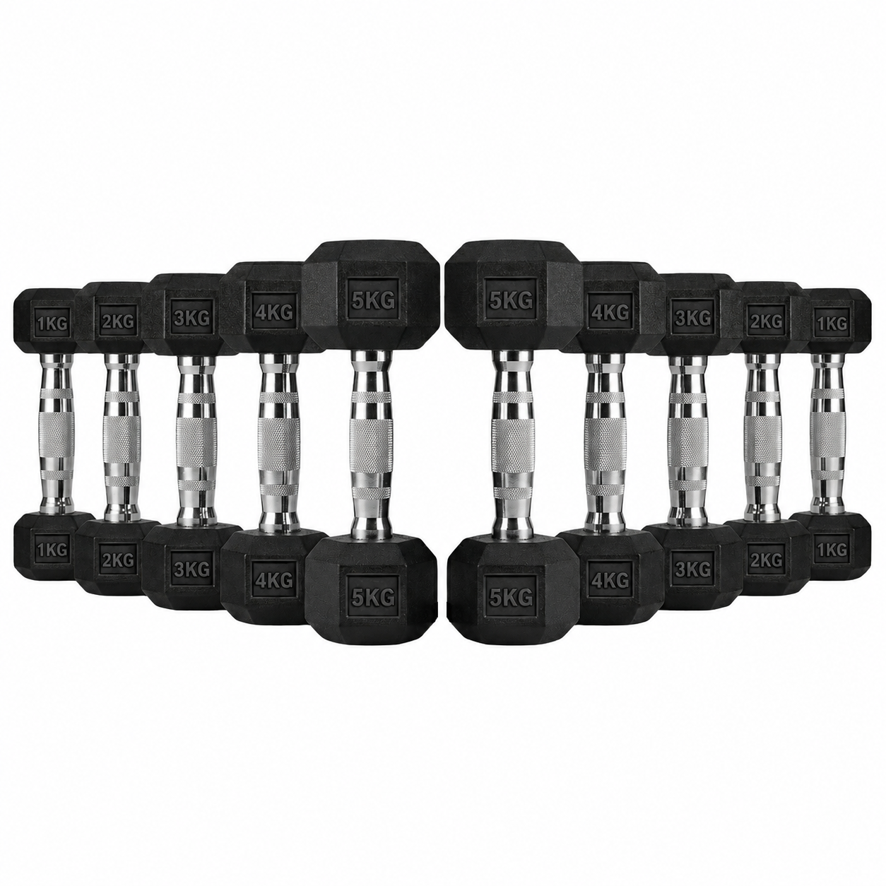Rubber Hexagonal Dumbbell Set (1kg–5kg Pairs)